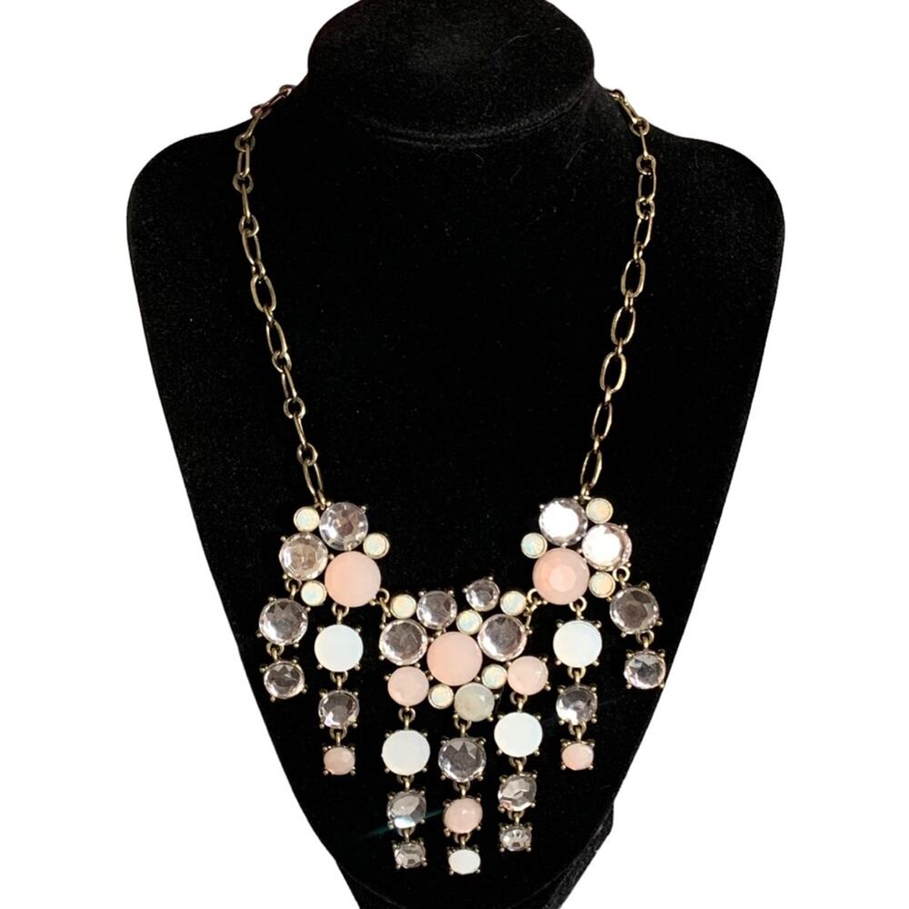 Charming Charlie Pink Grey Clear Stone Bib Statement Necklace NWOT